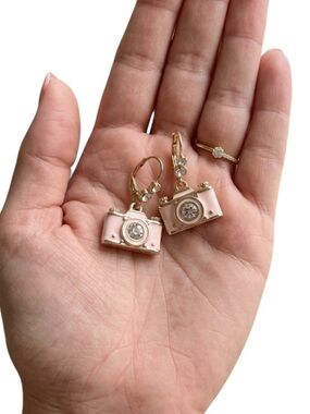 Betsey Johnson Pastel Pink Camera Earrings Flower New in Box